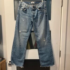 ASKK NY Light Blue Straight Leg Jeans distressed hem. Button fly. Low rise.